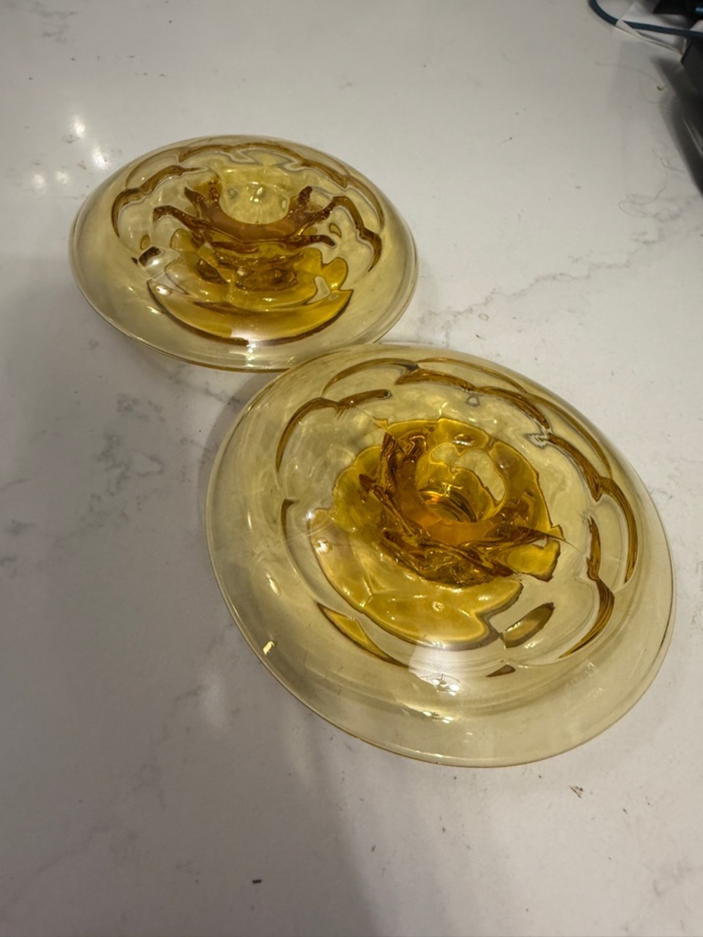 Pair of Vintage Amber depression glass taper candle holders scalloped pedal